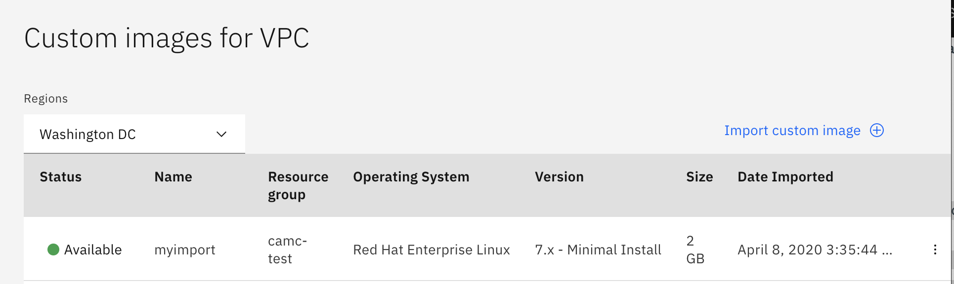 Figure showing example of custom image listing after successful image creation.