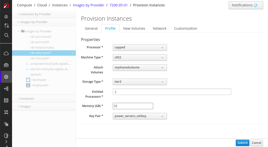 Power Systems Virtual Server VM provisioning form